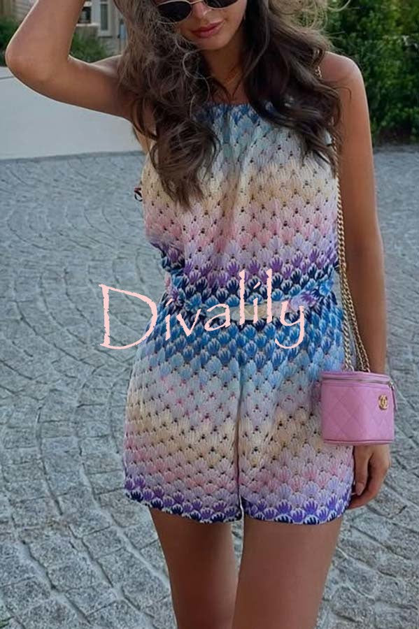 Wave Waves Knit Colorful Zigzag Pattern Halter Neck Backless Loose Romper