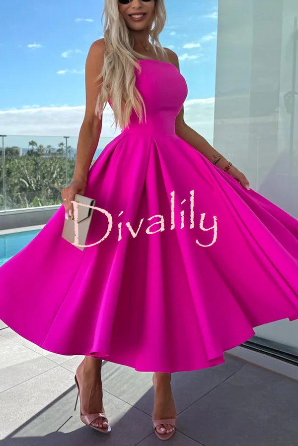 Sweet Cascade Solid Color Off Shoulder Pocket Full Hem Midi Dress