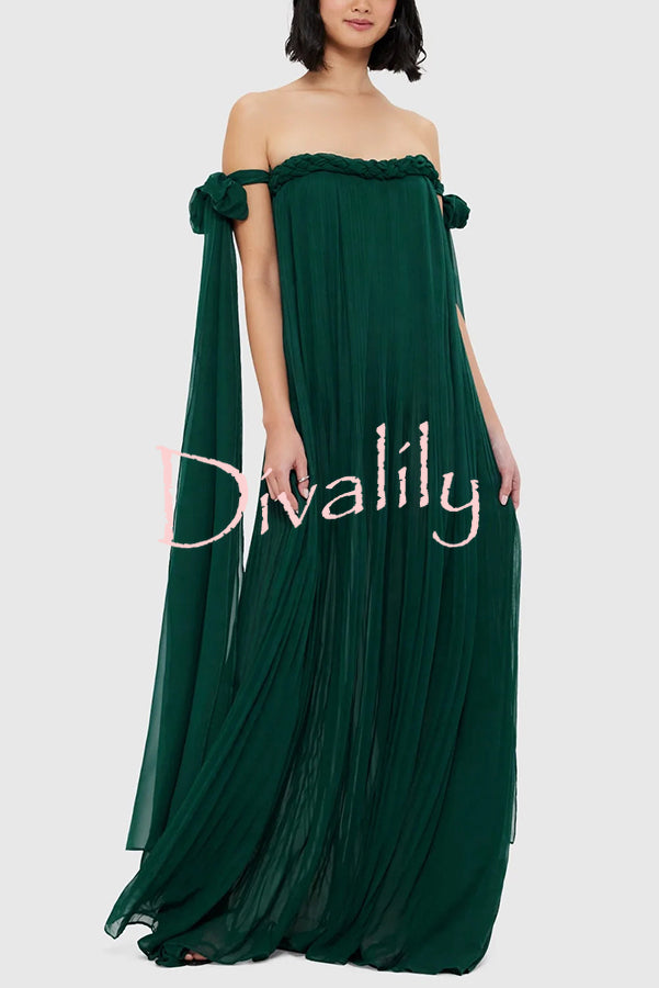 Fairy Spirit Tulle Braided Neckline Tie Arm Straps Pleated Maxi Dress