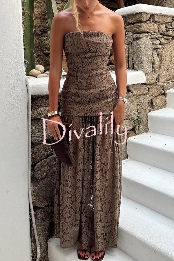 Sepia Kiss Floral Lace Off Shoulder Flowing Hem Maxi Dress