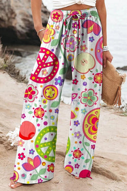 Colorful Printed Elastic Waist Drawstring Pocket Casual Pants