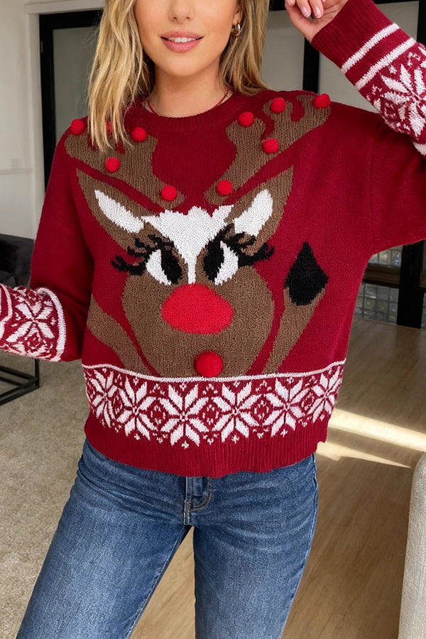 Christmas Reindeer Pattern Long-sleeved Loose Knit Sweater