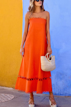 Gina Linen Blend Scallop Cutout Trim Strapless A-line Midi Dress