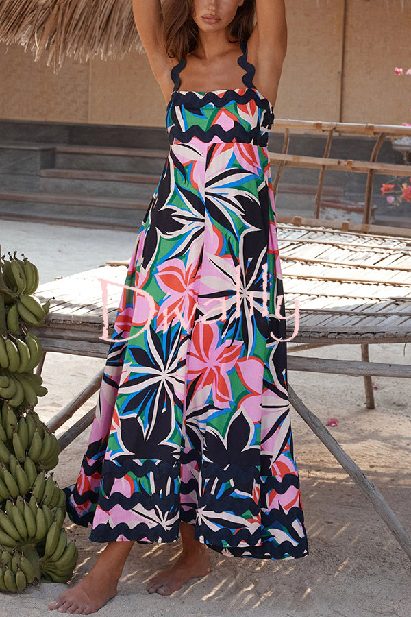 Vivi Floral Print Wavy Suspender Side Zip Maxi Dress