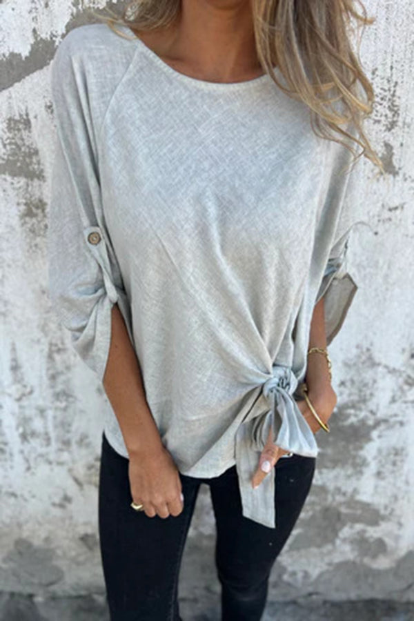 Solid Color Casual Round Neck Loose Knot Top