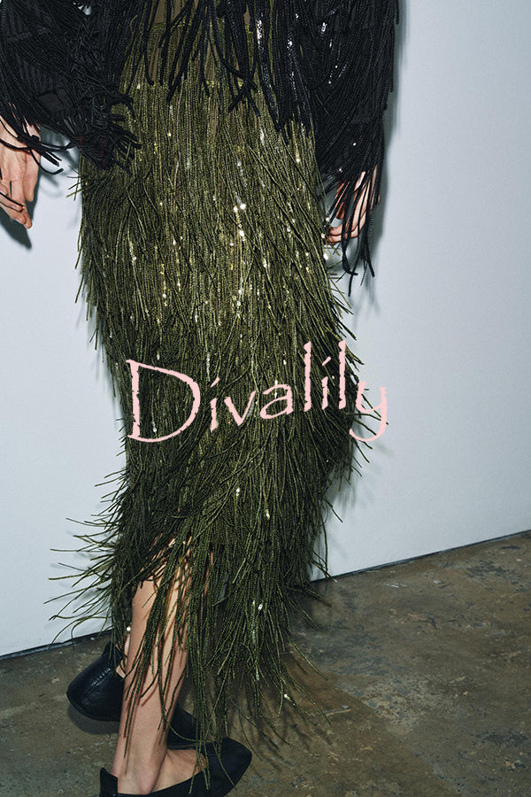 Stylish Sequined Tassel Elegant Midi Skirt
