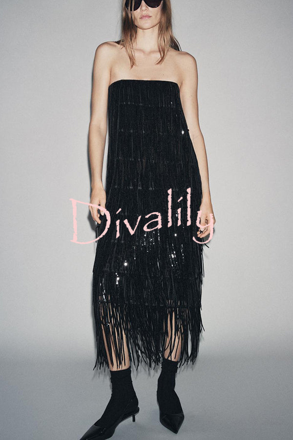 Chic Celebration Layered Sequined Tassels Slip Strapless H-line Midi Dress