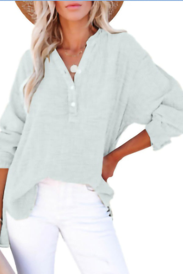 Solid Color Long Sleeve Pleated Button Loose Top