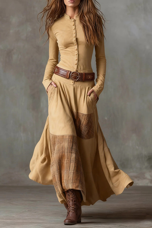 Retro-style Patchwork Single-breasted Long-sleeved Casual Pocket Maxi Dress