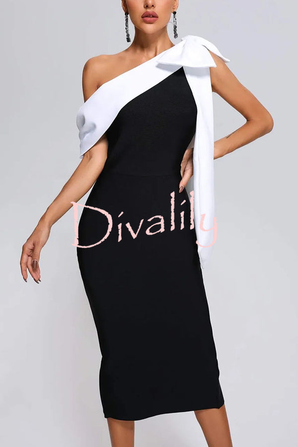 Elegant Evening Look One Shoulder Bandage Bow Stretch Midi Dress