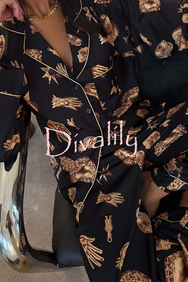 Golden Night Unique Print Color-block Trim Loose Shirt and Elastic Waist Pocketed Pajama Set