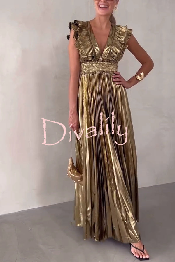 Party Season Metallic Fabric Pleated Smocked Waist Ruffles Sleeve Maxi Dress