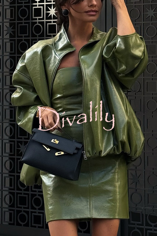 Solid Color Loose Long Sleeve Pocket Casual Leather Jacket