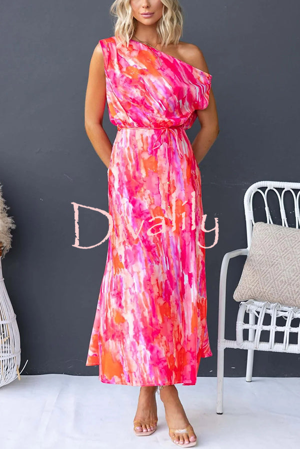 Satin Unique Print One Shoulder Tie Waist Slit Maxi Dress