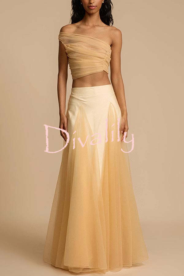 Romance Factor Semi-sheer Tulle One Shoulder Ruched Crop Top