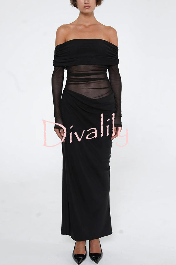 Exquisite Sexy Mesh Patchwork Off Shoulder Cutout Ruched Maxi Dress