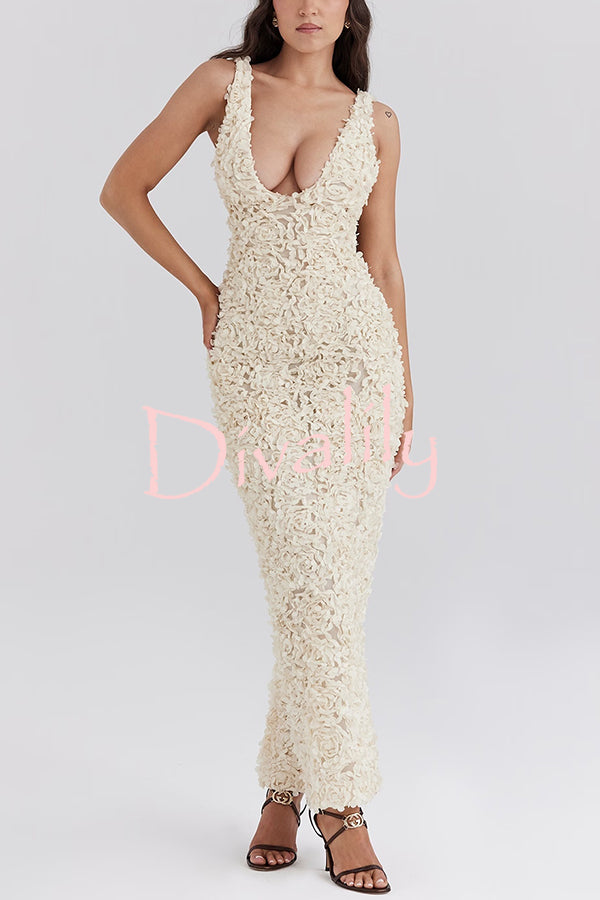 Three-dimensional Flower Sexy V-neck Slim Maxi Dress