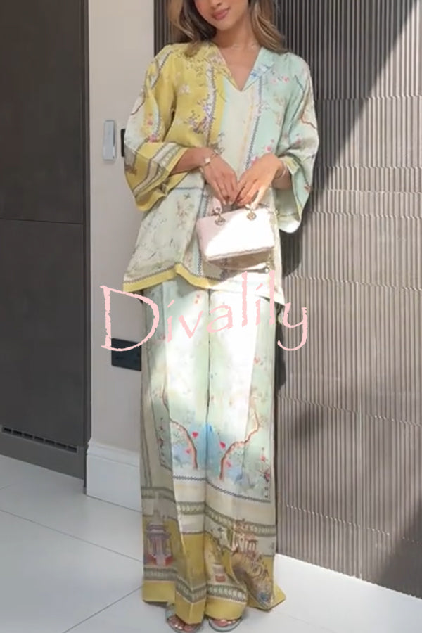 Elonie Satin Floral Print V-neck Half Sleeve Top and Elastic Waist Wide Leg Pants Set