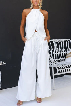 Gette Linen Blend Slit Front Top and High Rise Knoted Pocket Wide Leg Pants Set