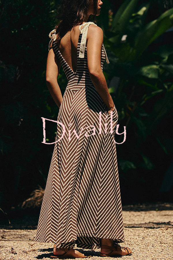 Striped Print V-Neck Lace-Up Backless Holiday Midi Dress