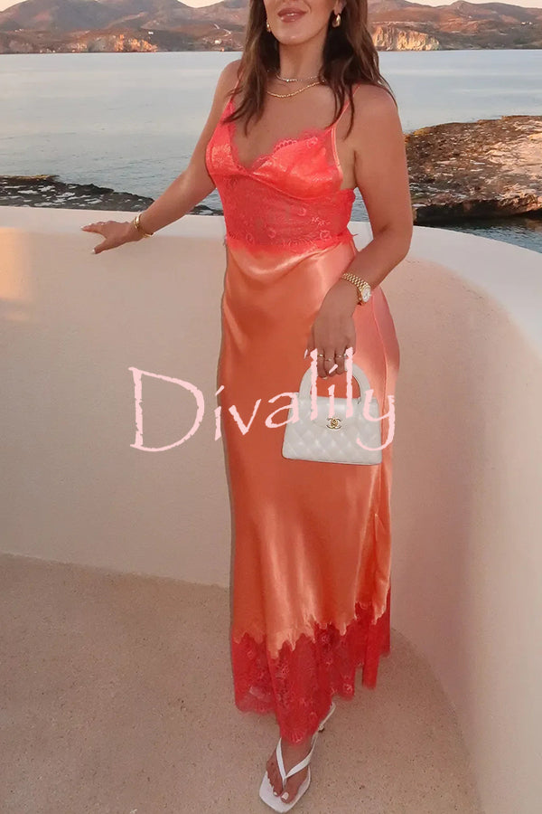 Elegant Evening Satin Lace Patchwork See-through Waist Slip Maxi Dress