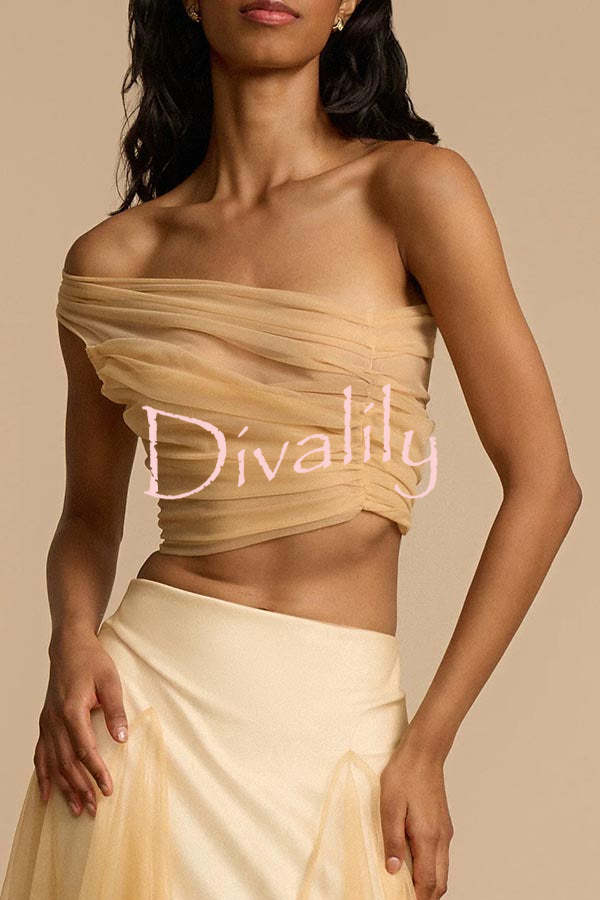 Romance Factor Semi-sheer Tulle One Shoulder Ruched Crop Top