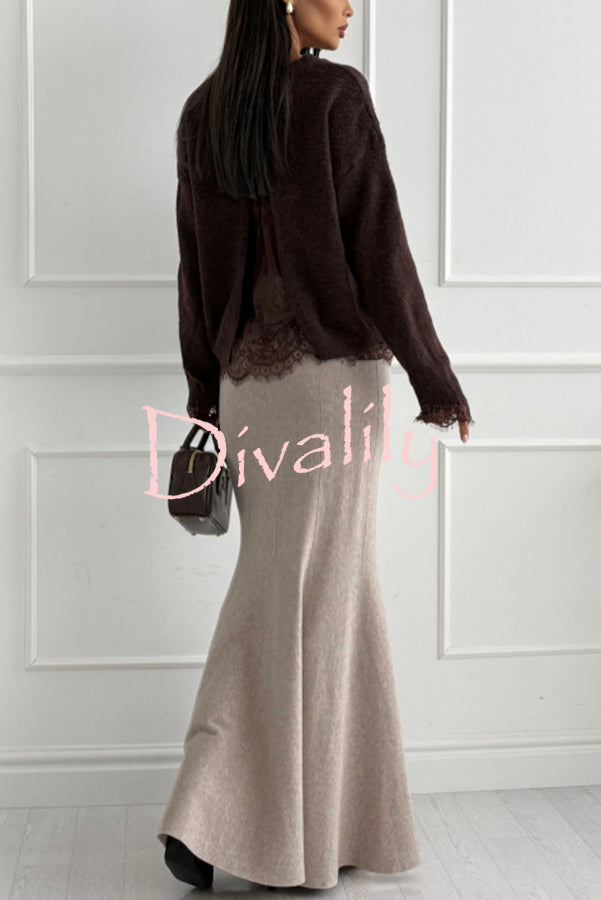 Caitlin Knit Lace Trim Patchwork Long Sleeve Back Slit Relaxed Sweater