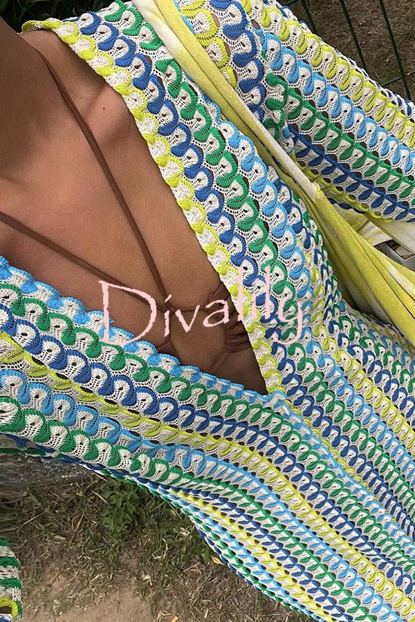 Bondi Beach Knit Colorful Wave Print Long Sleeve Vacation Maxi Dress