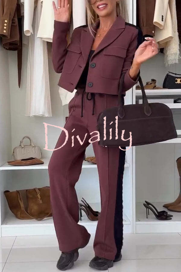 Fashion Lace Panel Long-sleeved Crop Top and Elastic Waist Tie Pocket Casual Pants Set
