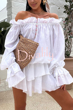Arnell Linen Blend Off Shoulder Balloon Sleeve Shirt and Elastic Waist Layered Shorts Set