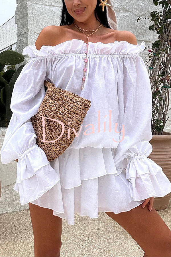 Arnell Linen Blend Off Shoulder Balloon Sleeve Shirt and Elastic Waist Layered Shorts Set