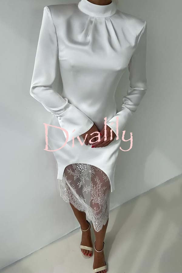Melissa Satin High Neck Long Sleeve Curved Hem Top and Lace Midi Skirt Set