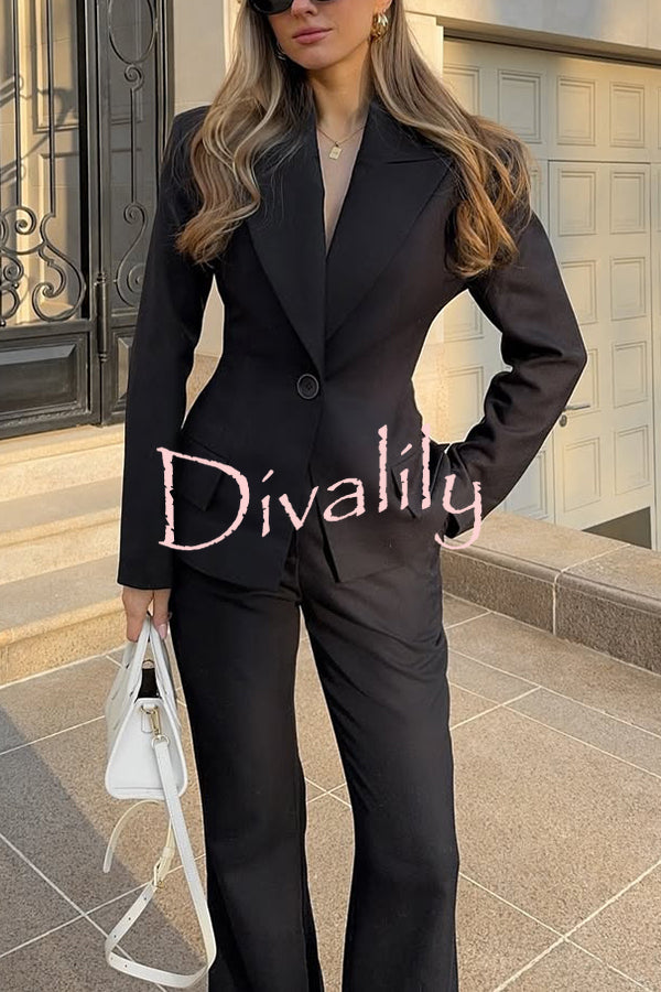 Solid Color Long-sleeved Single-button Blazer and Pocket Casual Flared Pants Set