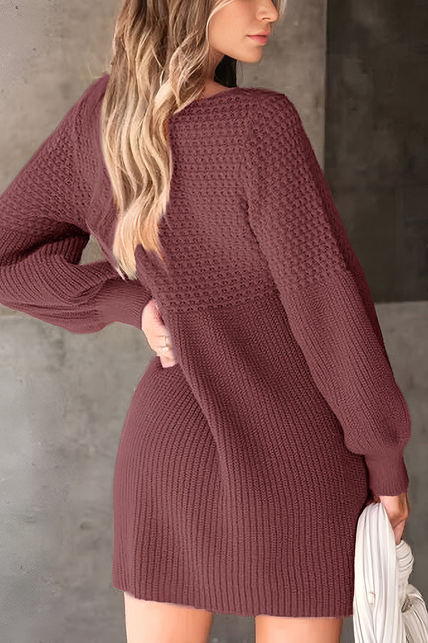 Solid Color V-neck Puff Sleeve Casual Knitted Mini Dress