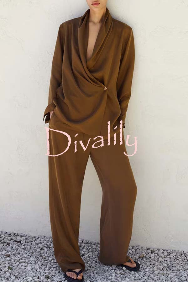 Bella Satin Drape Collar Single Button Casual Blazer and Elastic Waist Pocket Loose Pants Set