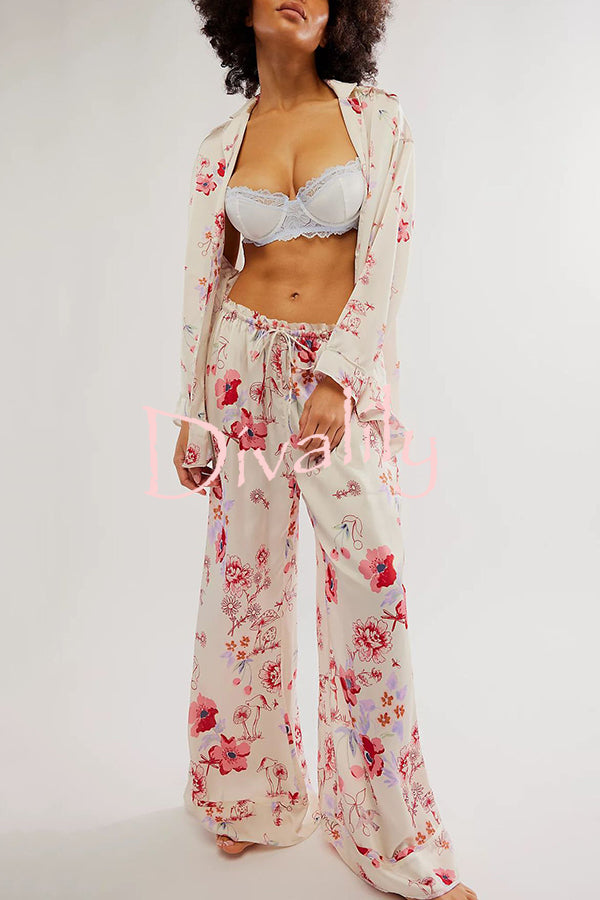 Unique Printed Lounge Long-sleeved Shirt and Elastic Waisted Baggy Pants Set