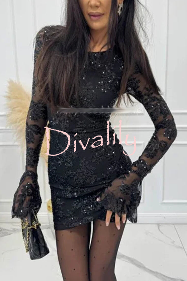 Deep and Dazzling Floral Texture Sequin Long Bell Sleeve Open Back Mini Dress