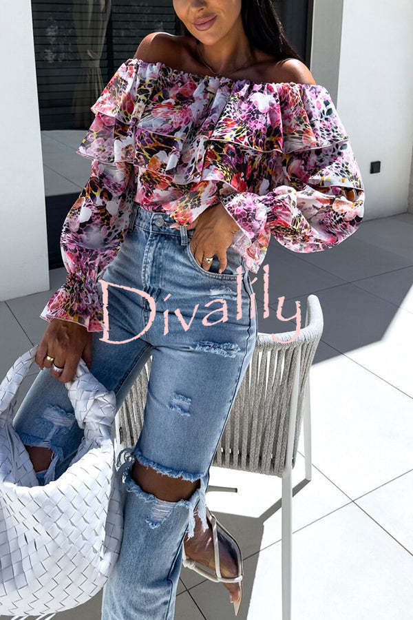 Colorful Botanical Print Sexy Off-shoulder Ruffle Top