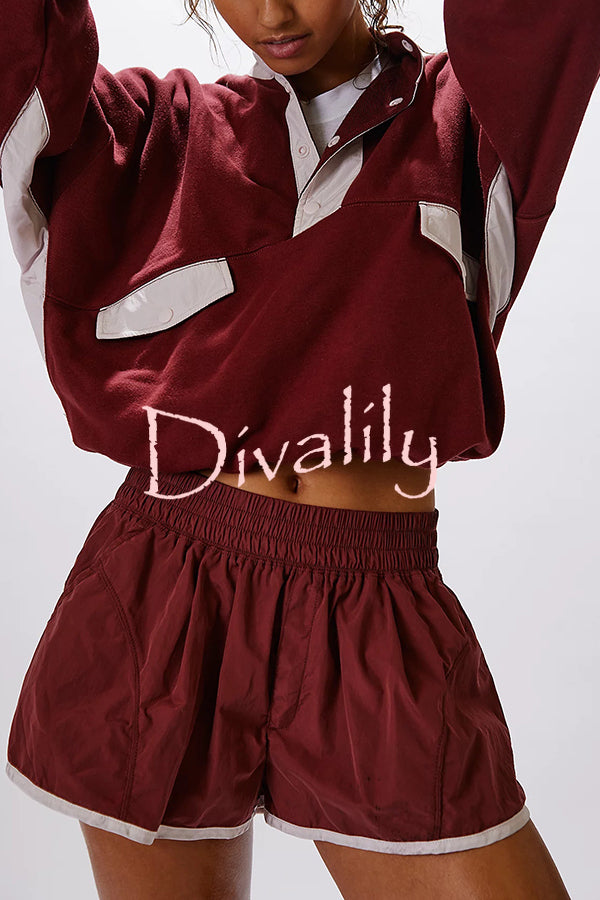 Fashion Contrast Color Stitching Stand Collar Long Sleeve Top and Elastic Waist Loose Pocket Shorts Set