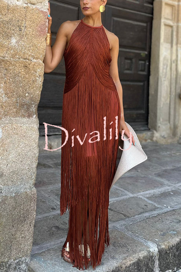 Fashion Sleeveless Halter Neck Elegant Tassel Slim Maxi Dress