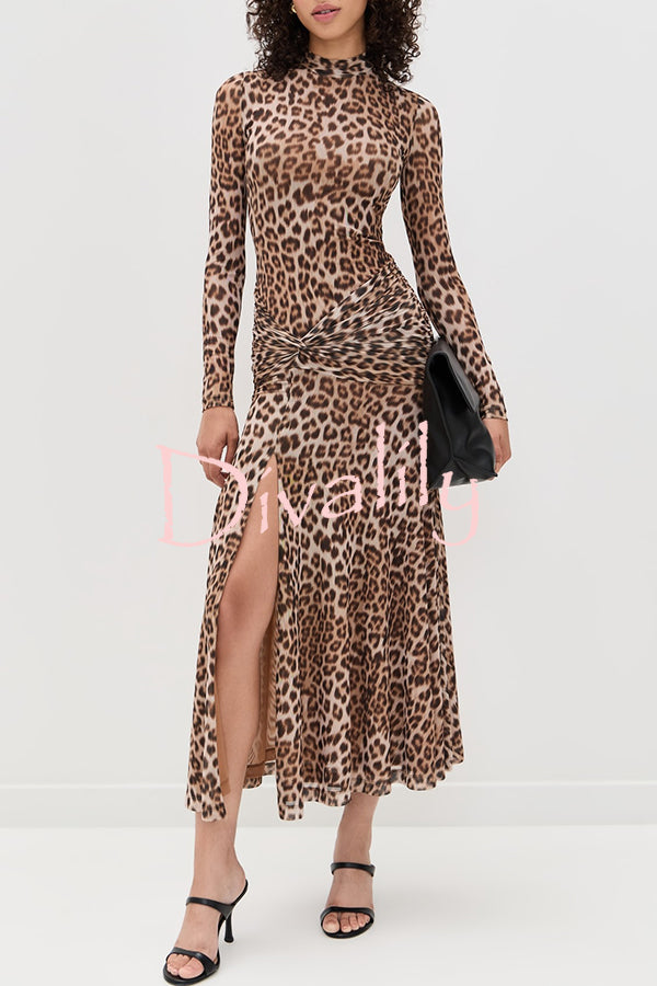 Revina Mesh Leopard Print Mock Neck Gathered Waist Long Sleeve Stretch Midi Dress