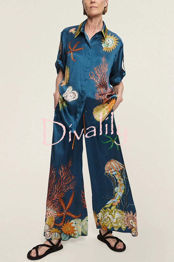 Linen Blend Unique Print Lapel Short Sleeve Shirt and Elastic Waist Loose Pocket Wide Leg Pants Set