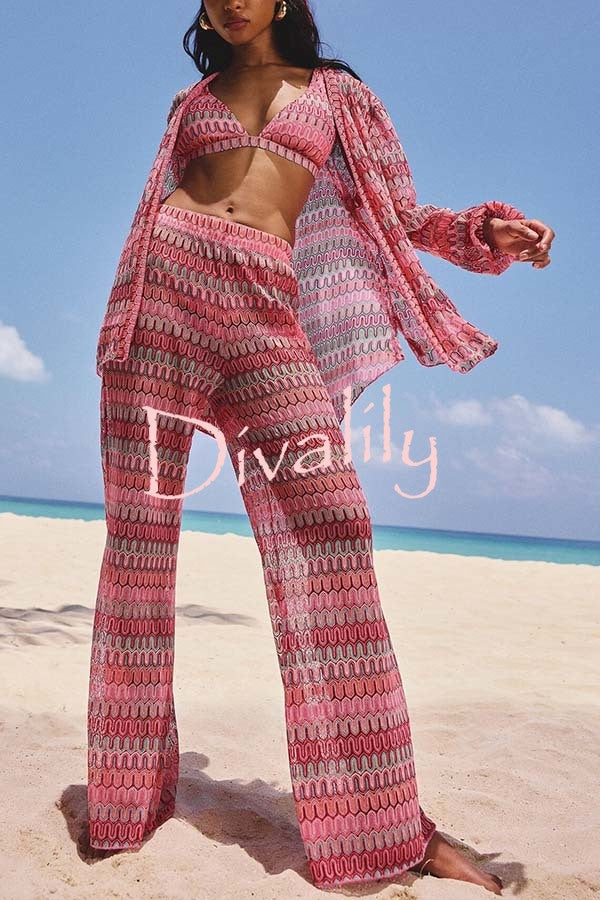 Beach Style Knit Unique Print Long Sleeve Kimono Shirt and Stretch Wide Leg Pants Set