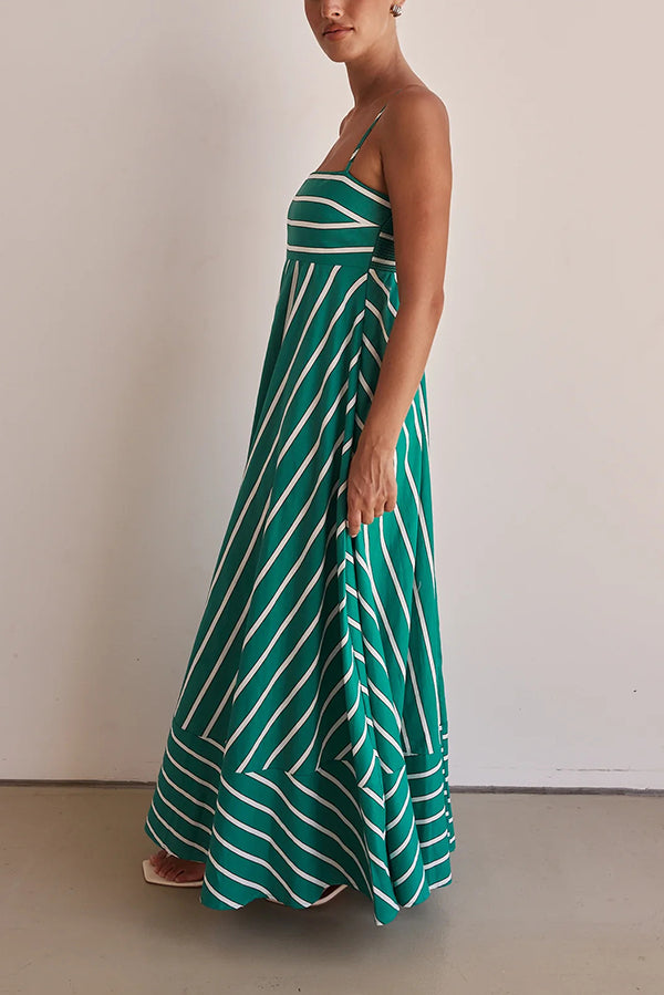 Stripe Print Sling Backless Pleated Maxi Dress