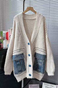 Fashionable Loose Spliced denim Pocket Knitted Sweater Cardigan