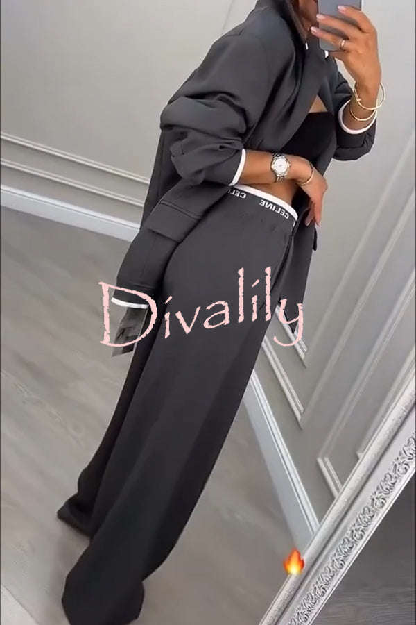 Fashion Sports Style Ribbed Colorblock Lapel Blazer and Elastic Waist Pocket Loose Pants Set