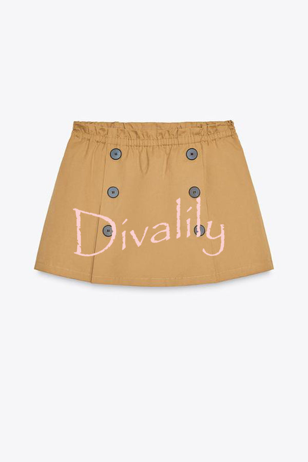 Chic Comfort Mid Rise Elastic Waist Contrast Buttons Pocket Mini Skort