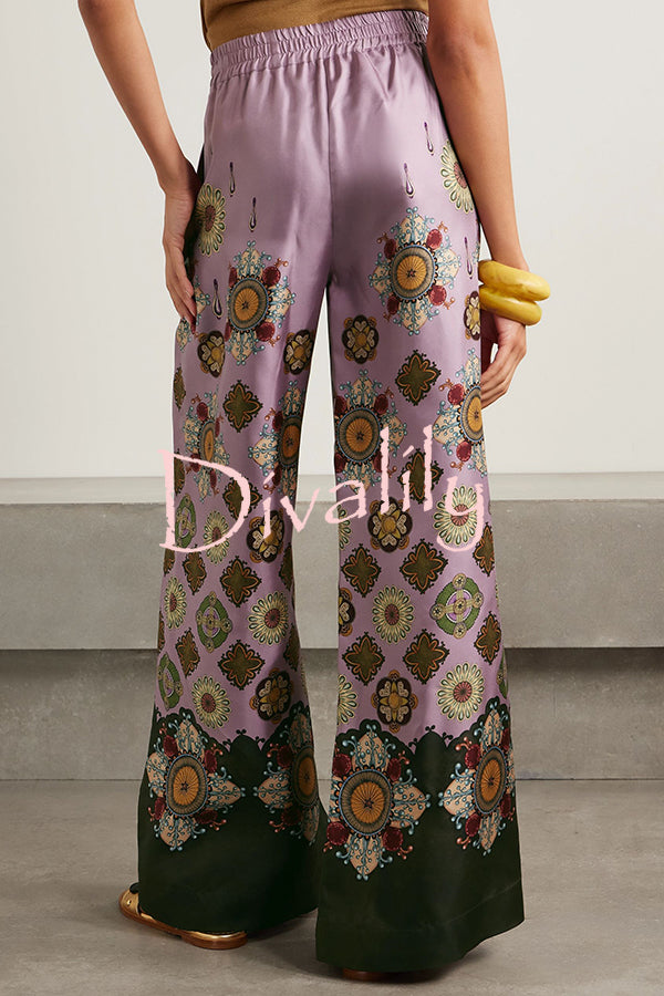 Satin Unique Print Loose Batwing Sleeve Top and Elastic Waist Pocket Casual Wide-leg Pants Set