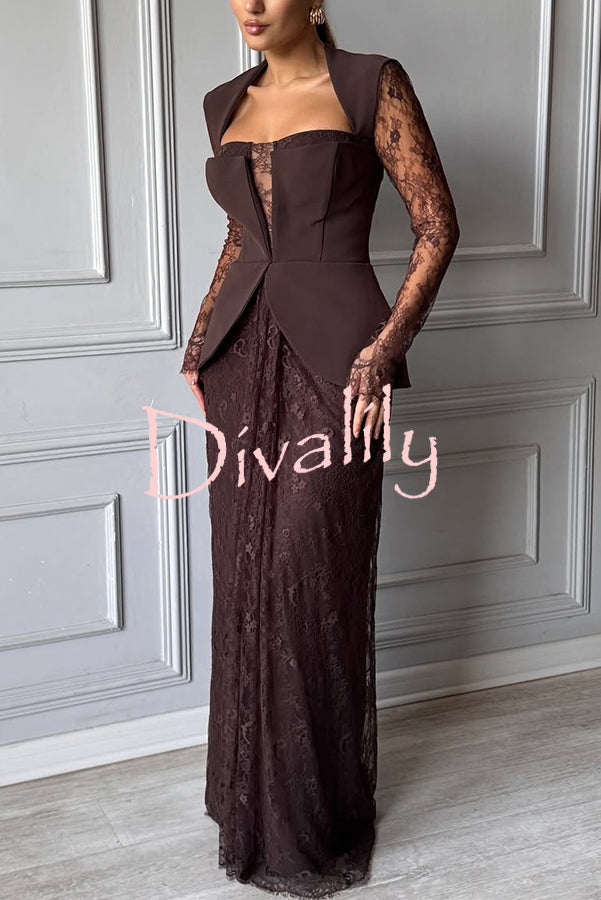 Belle Contrast Sheer Lace Fabric Patchwork Square Neck Long Sleeve Drape Maxi Dress