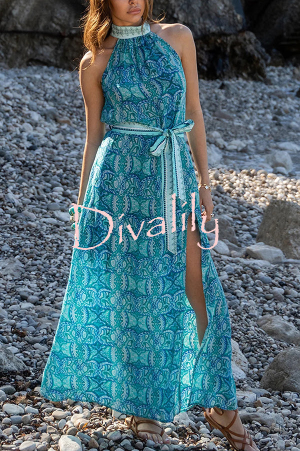 Unique Print Sexy Off-the-shoulder Waist Tie Slit Holiday Midi Dresses